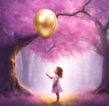 une petite fille tenant un ballon doré dans un arbre
