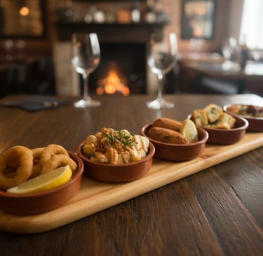Uma bandeja de madeira com três tigelas de comida sobre uma mesa.