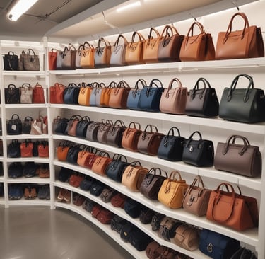 A collection of elegant luxury bags displayed on a stylish wooden shelf.