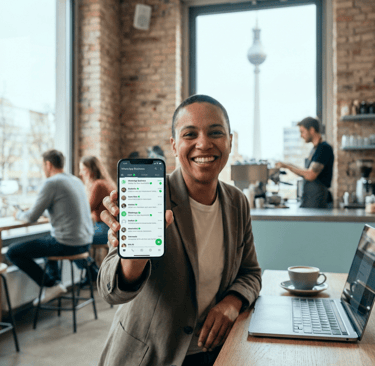 Une femme tenant un téléphone montrant Whatsapp Business bien configuré