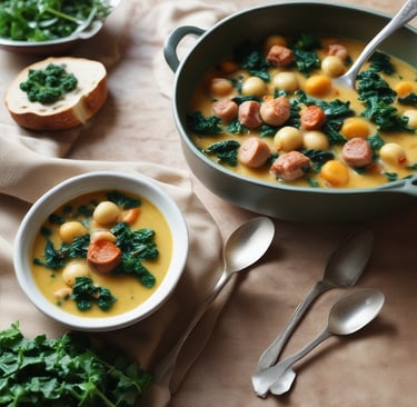 a spoon full of soup on a white plate