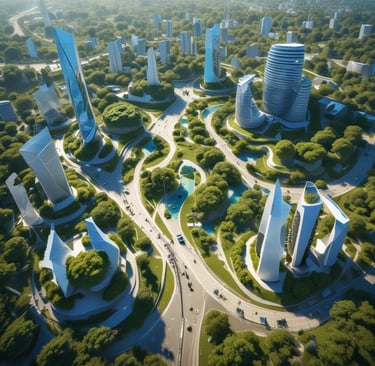 An aerial view of a sustainable urban development integrated with nature.