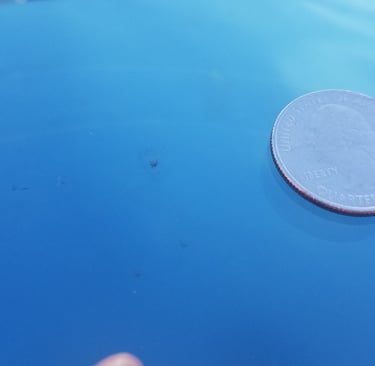 A US quarter coin sits next to a small rock chip on a blue car hood for scale.