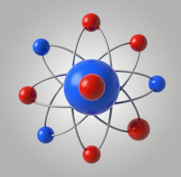 3D model of an atom with red and blue electrons orbiting a central nucleus.