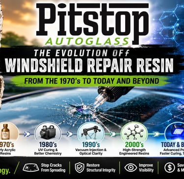 Timeline of windshield repair resin evolution from 1970s acrylics to modern high-strength polymers.