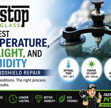 Professional windshield repair tool fixing a rock chip under optimal temperature and UV light conditions.