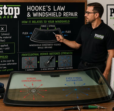 Pitstop Autoglass Hooke's Law and windshield repair physics using a chalkboard and glass diagram.
