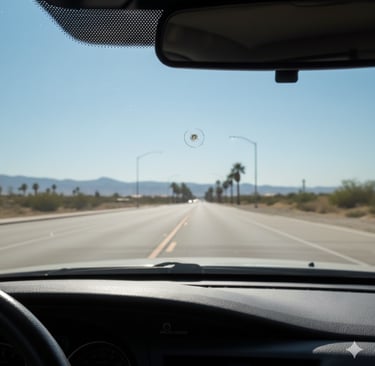 a car driving with windshield chip