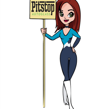Cartoon illustration of Pitstop Auto Glass mascot holding a branded sign for windshield repair services.