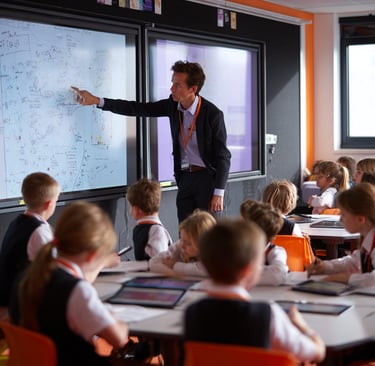 A teacher pointing at an Interactive screen as his pupils are watching him