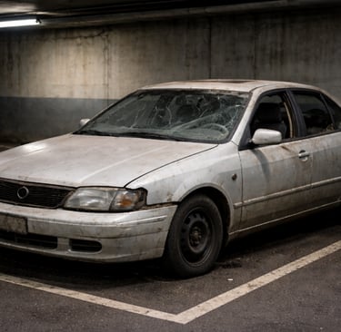 A scrap car parked in a basement parking with a broken windshield.