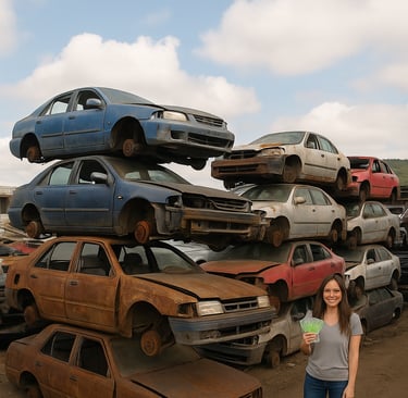 Rusty, wheel-less scrap cars stacked high in Maple Ridge junkyard under clouds.