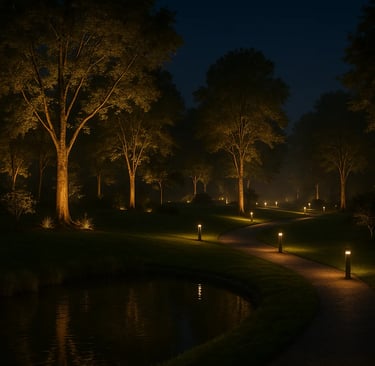 Luxurious night garden with spotlights