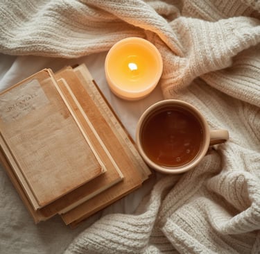 a cup of tea and a book on a bed