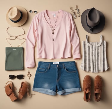Flat lay of trendy clothing and accessories on a minimalistic background.