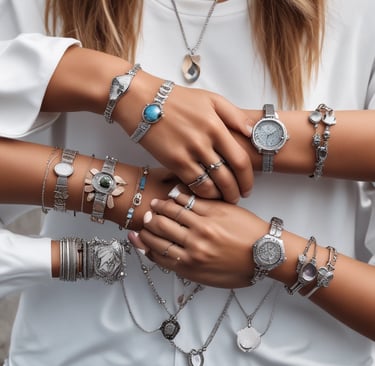 Close-up of elegant jewelry pieces arranged on soft fabric.
