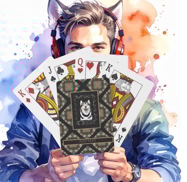 a man in a suit and headphones holding up a card game with a Husky's photo and text.  Personalize.