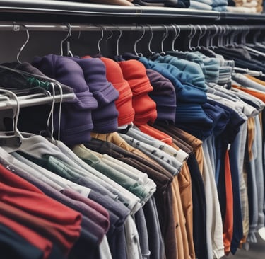 Close-up of colorful fabric patterns on t-shirts.