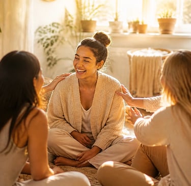 A diverse group of women sitting in a circle sharing laughter during a supportive wellness retreat.