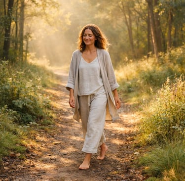 A woman wearing sustainable linen loungewear walks barefoot on a sunlit forest trail.