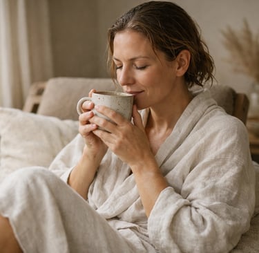 A woman in a linen robe relaxing following a sauna session while drinking a cup of coffee or tea.