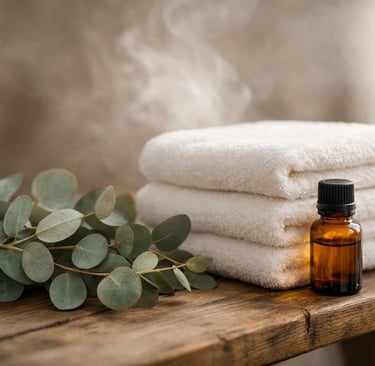 Aromatherapy in sauna with eucalyptus leaves, essential oil bottle, and steaming white spa towels.