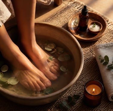 Relaxing foot soak in a wooden bowl with eucalyptus leaves, essential oils, and a lit candle for a home spa.