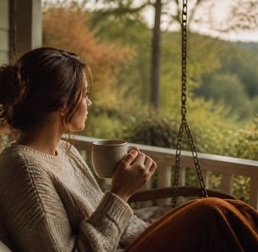 Woman in a cozy sweater sips coffee on a porch swing, enjoying a peaceful autumn morning view.