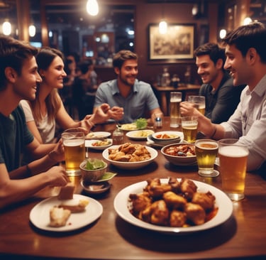 A group of friends enjoying cocktails and laughter at a table.