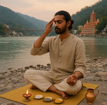 a man doing bhuta shuddhi by ganga in rishikesh