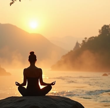 a woman sitting on a rock meditating with a sunset in the front