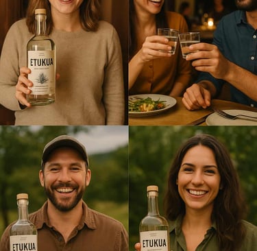 Collage de fotos reales de clientes Etukua sonriendo con sus botellas de mezcal en diferentes entorn