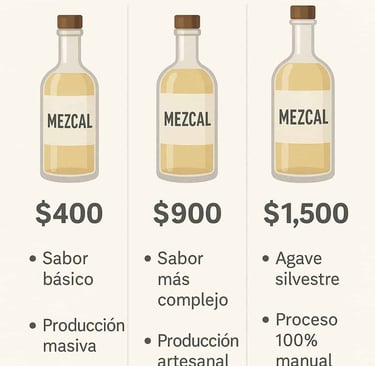  Infografía comparativa de tres botellas de mezcal a diferentes precios ($400, $900, $1,500) con una
