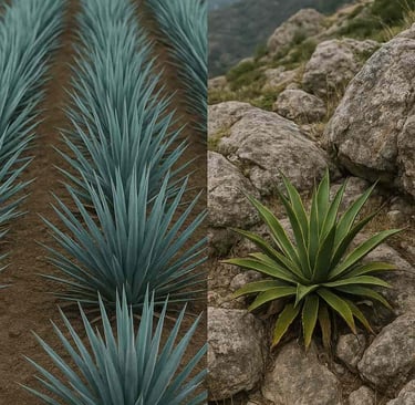 Fotografía que contrasta un campo de agave cultivado en hileras con un agave silvestre creciendo de 