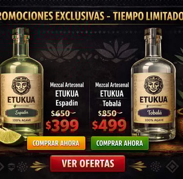 Banner web con ofertas promocionales de mezcal Etukua con botones de compra y precios especiales