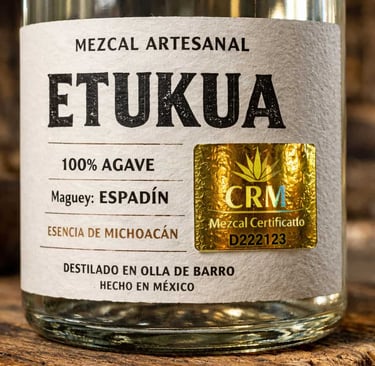 Close-up de una etiqueta de botella de mezcal artesanal Etukua, mostrando detalles como el holograma