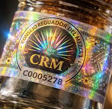 Detalle cercano del holograma del Consejo Regulador del Mezcal (CRM) en una botella de Etukua.
