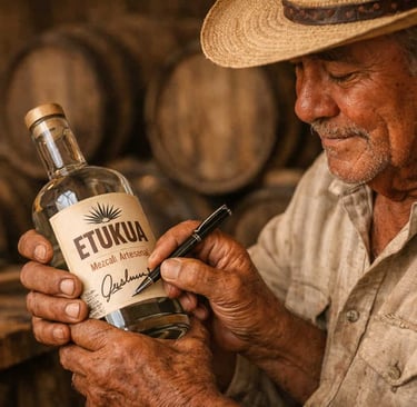 Maestro Mezcalero de Etukua firmando con orgullo la etiqueta de una botella de mezcal artesanal.