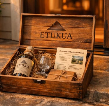 Caja de suscripción Etukua abierta, mostrando una botella de mezcal artesanal, una copa velador y ma
