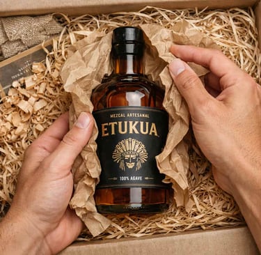 Manos abriendo con anticipación una caja de suscripción de mezcal artesanal Etukua, revelando su con