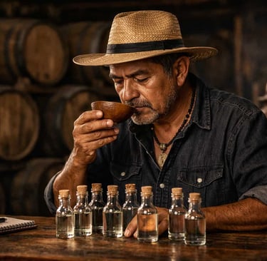Maestro Mezcalero de Etukua catando y seleccionando mezcales artesanales para los kits de suscripció