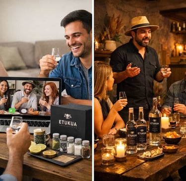 Collage que contrasta una cata online en una laptop con personas sonrientes y una cata presencial en