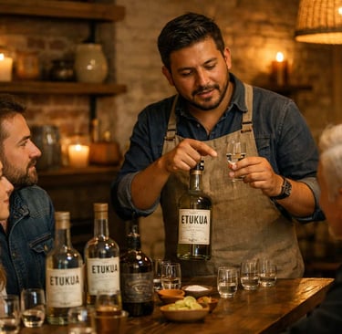 Grupo en una cata presencial de Etukua, con un anfitrión sosteniendo una botella de mezcal artesanal