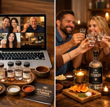 Collage que muestra una cata virtual en laptop y una cata presencial con grupo disfrutando mezcal ar