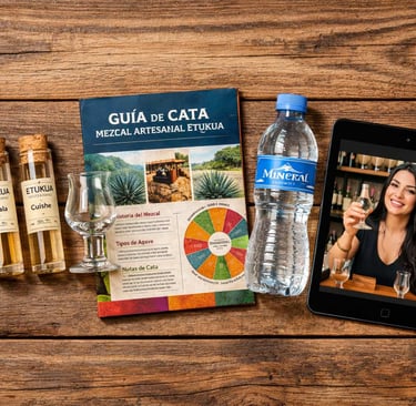 Kit completo de cata virtual Etukua desplegado: muestras de mezcal, copa, guía y acceso virtual