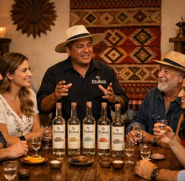 Grupo en cata presencial de Etukua con experto explicando y botellas de mezcal artesanal sobre mesa