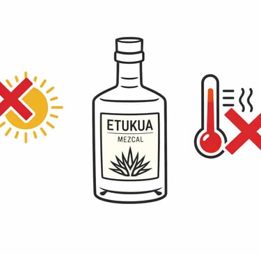 Ilustración estilo infografía que muestra una botella de mezcal con un icono de sol y una flecha 'no