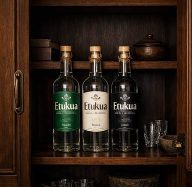 Varias botellas de mezcal artesanal Etukua almacenadas de pie en un estante dentro de un armario osc