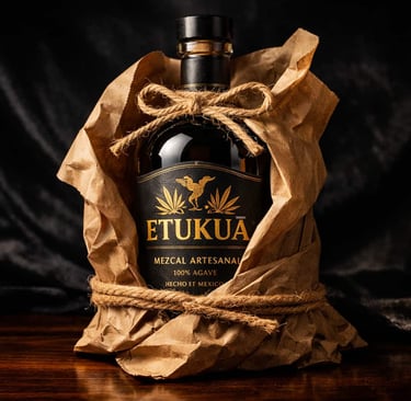 Botella de mezcal artesanal Etukua elegantemente envuelta como regalo con una cinta de yute, sobre u