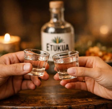 Dos personas brindando con copas de mezcal artesanal Etukua, sonriendo en un ambiente elegante y aco